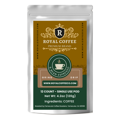 Royal 6 Bean Espresso Coffee Single Use Pod, (12 Count) (CUPS)